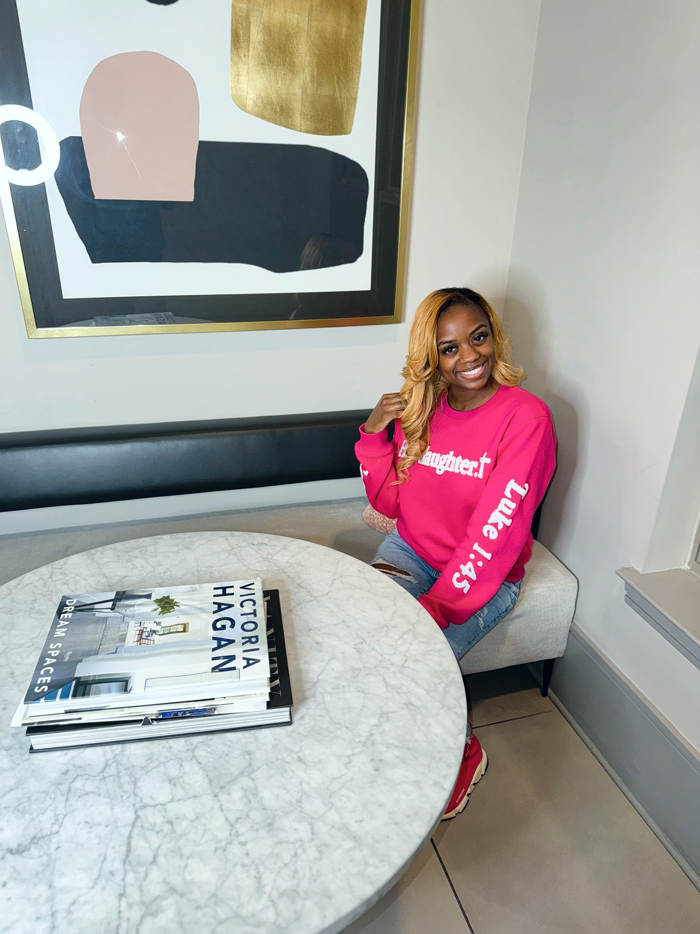 his daughter in fuchsia sweatshirt - Colossians 3:12 and Luke 1:45